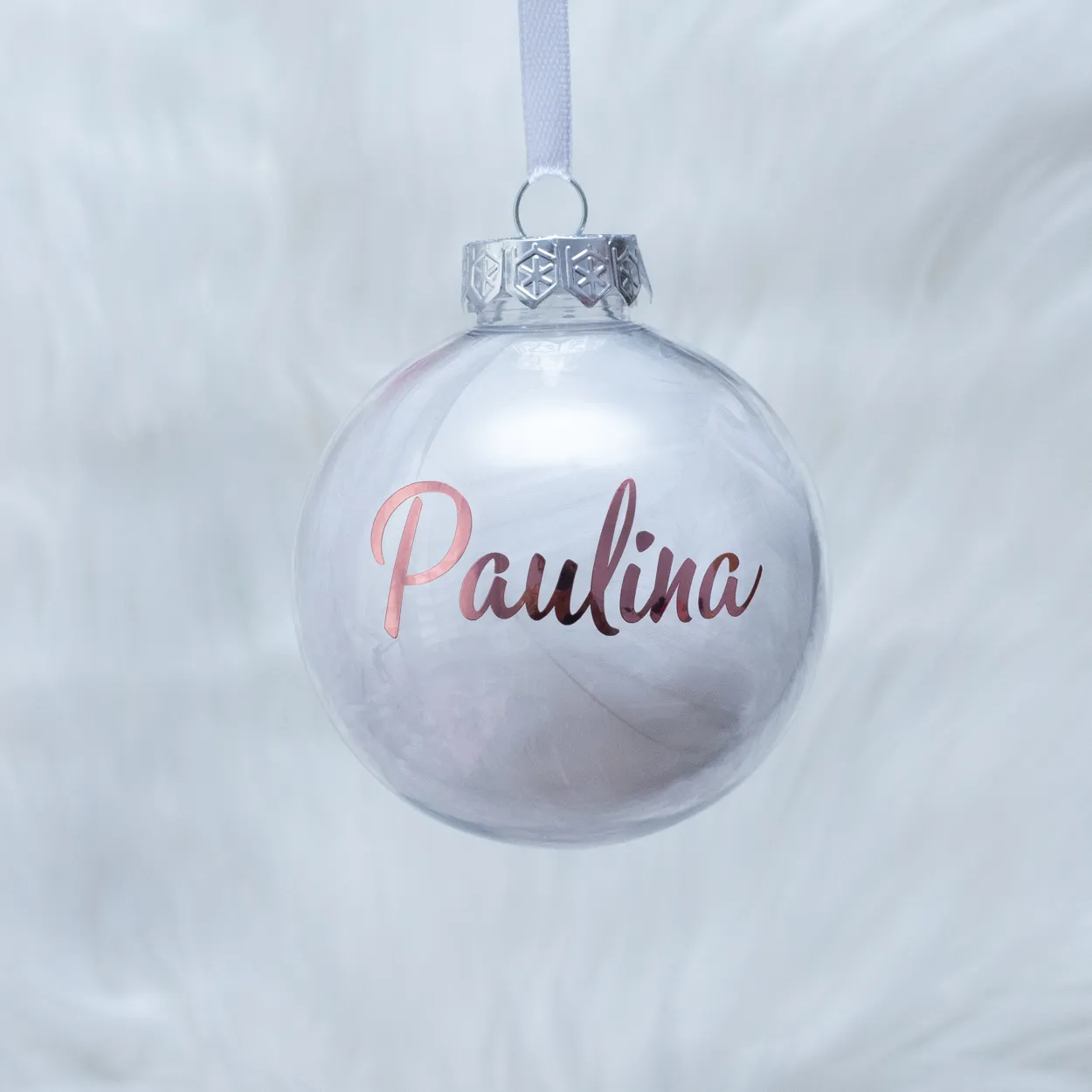 Personalizowa bombka białe piórka + napis różowe złoto