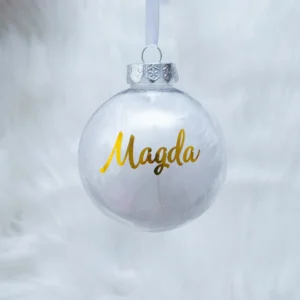 Personalizowa bombka białe piórka + napis złoty